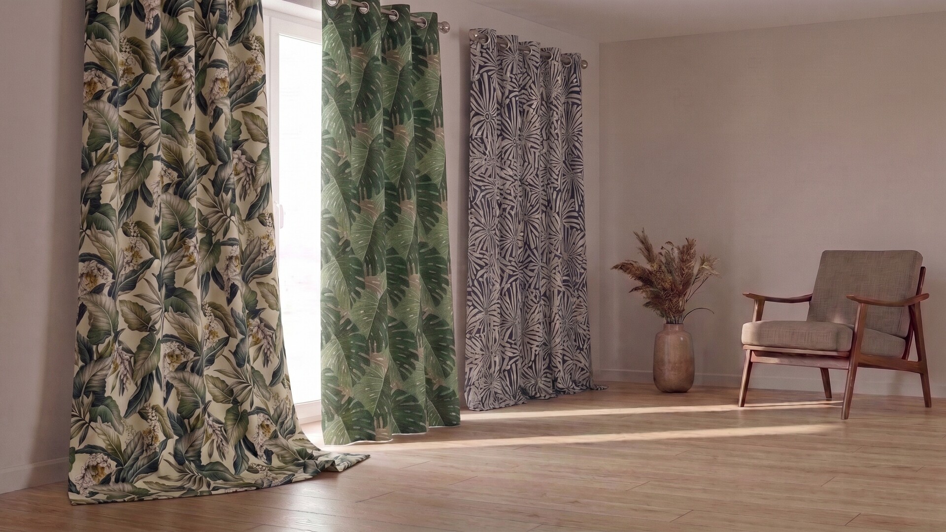 Botanical and tropical patterned readymade curtains in a modern room